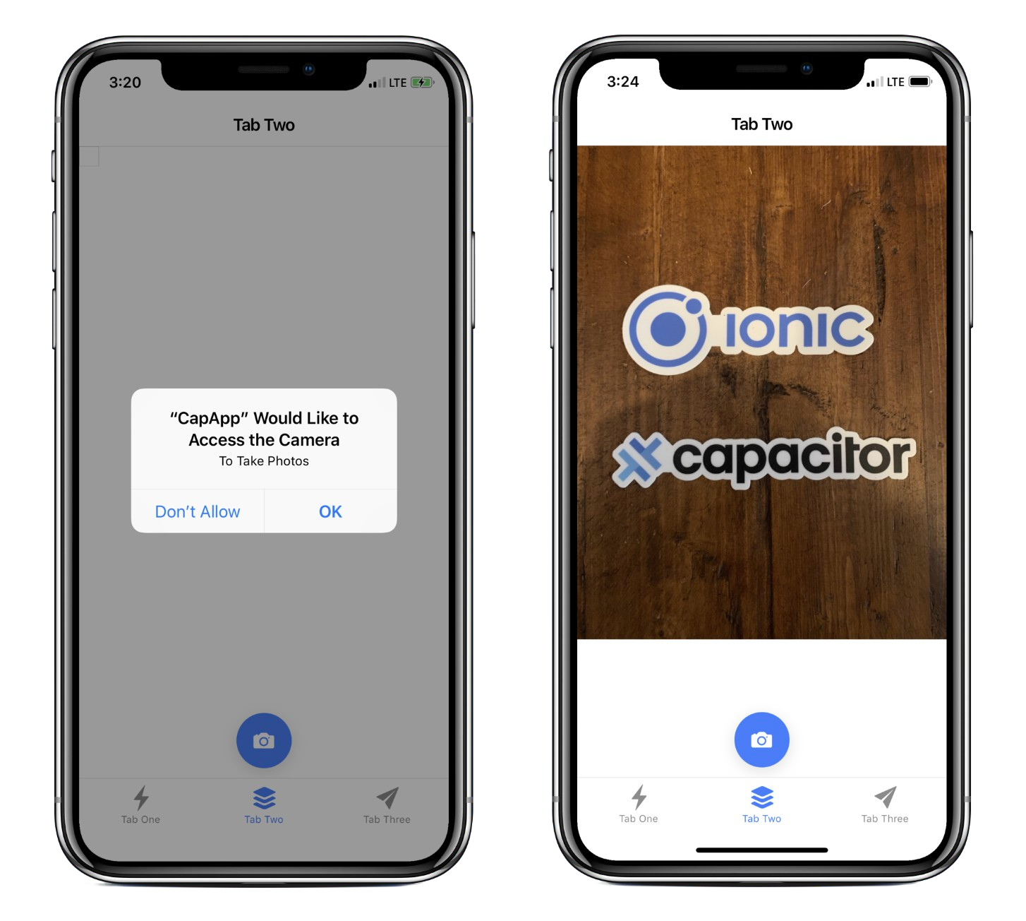iOS Camera Permission Prompt and Photo Result Two iPhones side by side, one showing the camera permission prompt and the other displaying a photo taken with the app.