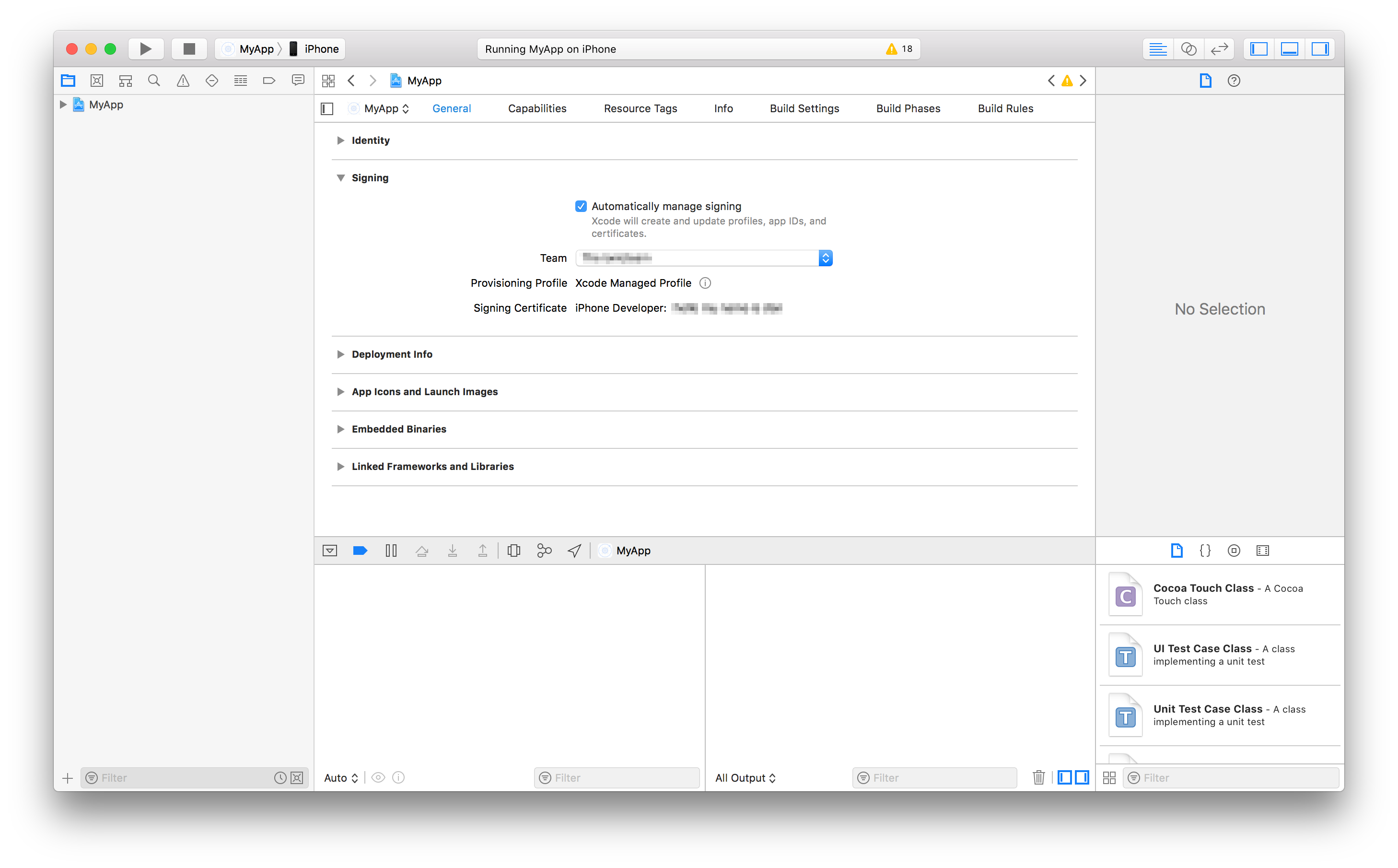 Xcode Signing Section Xcode showing the Signing section with 'Automatically manage signing' enabled and a Development Team selected.